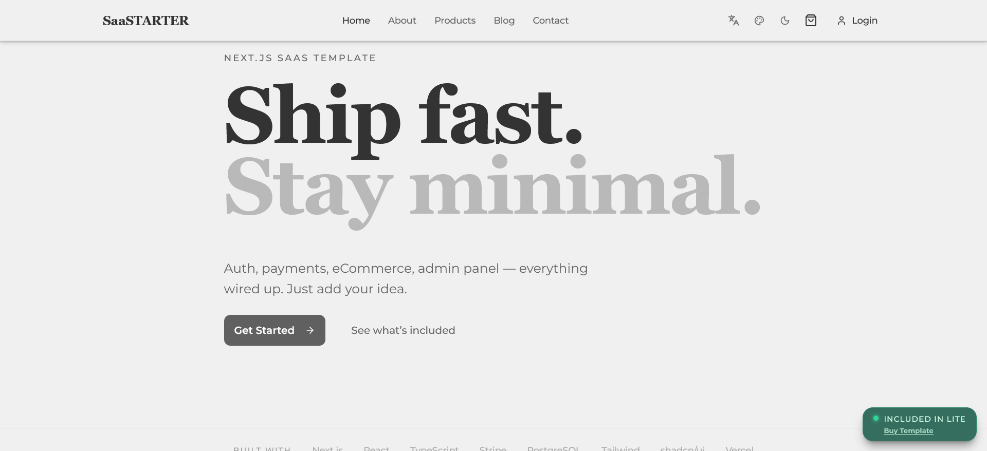 SaaStarter landing page screenshot showing the production-grade Next.js SaaS starter kit